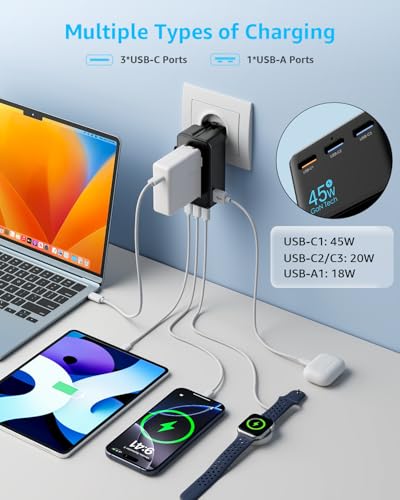 “Air” Universal Travel Adapter 3 USB-C＆ 1 USB-A Cover 200+ Countries - color: Black, size: A1R GaN45W
