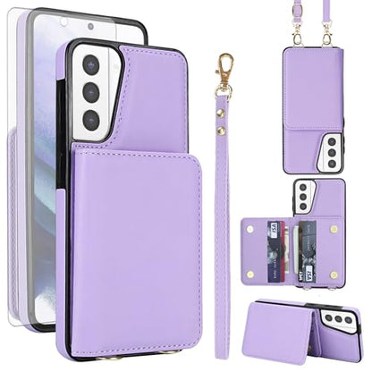 Phone Case for Samsung Galaxy S21 Plus S21+ 5G Wallet Cell Cover with Tempered Glass Screen Protector Wrist Crossbody Strap RFID Blocking Card Holder Slot S21+5G S21plus 21S + S 21 21+ G5 Women Purple - color: Purple