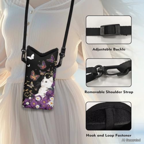 Mini Cell Phone Crossbody Bag Neoprene Smartphone Wallet Bag Shockproof and Waterproof Compatible with Most Smartphones for Traveling, Beach, Cute Cat Butterfly Violet Daisy Black - color: Cute Cat Butterfly Violet Daisy Black