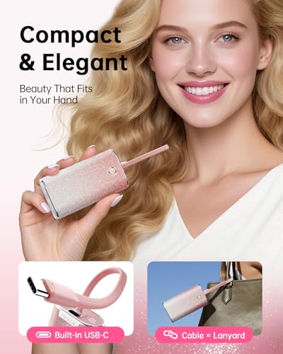 iWALK Sparkly 10000mAh Portable Charger, 22.5W Fast Charging Small Power Bank with Built-in USB-C Cable, Diamond Glitter Ultra-Compact Battery for iPhone 17/17 Pro/16/16 Pro/15, Samsung,ShinyPink - color: ShinyPink 22.5W