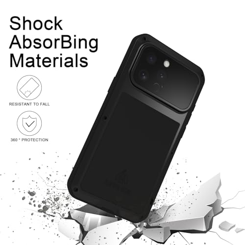 LOVE MEI Military Rugged Case for iPhone 16 Pro Max, with Tempered Glass Screen Protector, Shockproof Dustproof Scratch Proof Hybrid Metal and Silicone Gel Heavy Duty Full Body Cover Black - color: Black