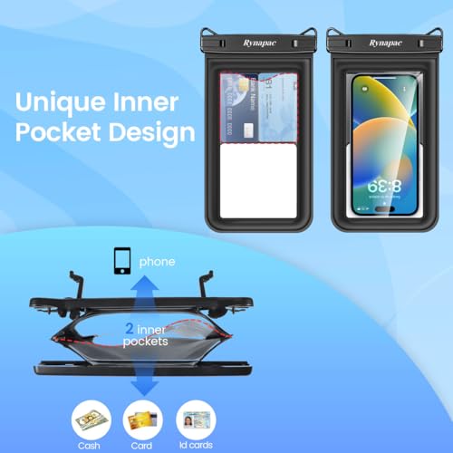Rynapac Waterproof Phone Pouch Floating [Up to 8.5''], 2 Pack IPX8 Dry Bag | Touchscreen & Underwater Photography, Adjustable Lanyard, for iPhone 17 16 15 14 Pro Max, Gglaxy S25, Beach Cruise Essentials - color: Black + Black, size: Regular Size [8.5inch]