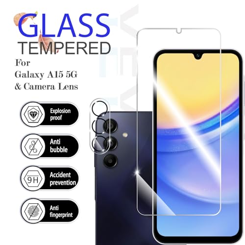 Galaxy A15 HD Clear Tempered Glass Screen Protector + Camera Lens Protectors, [2+2 Pack] [3D Glass] [Anti-Glare] [Bubble-Free] Screen Protector Glass For Samsung Galaxy A15 5G/4G - size: Galaxy A15 5G/4G