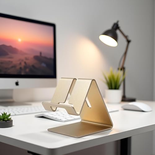 Gold Aluminium Alloy Cell Phone Stand, Cell Phone Stand Holder Aluminum Desktop Solid Universal Desk Stand Aluminum Desktop Stand for All Mobile Smart Phone Office Decor