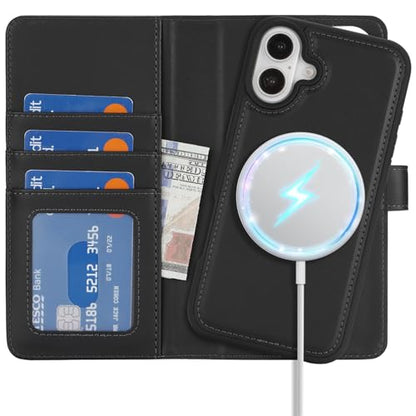 Ｈａｖａｙａ for iPhone 16 Case Detachable Wallet Case with Card Holder，2 in 1 Pu Leather Flip Folio Credit Card Slots Stand Compatible Magsafe Magnetic Shockproof Phone Cover (6.1")-Black - color: Black-Detachable