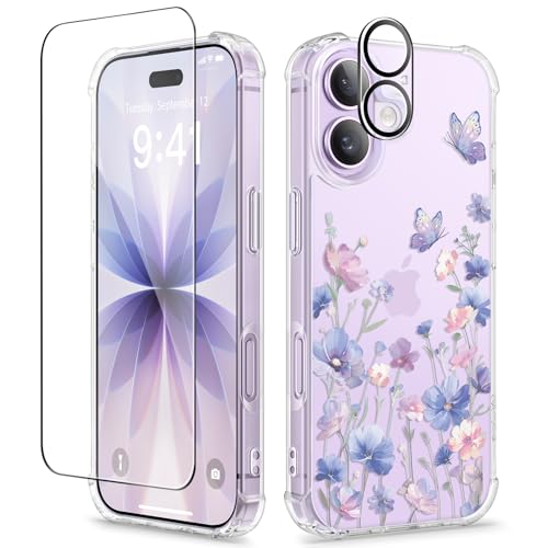 GVIEWIN for iPhone 17 Case Floral, Slim Clear Non-Yellowing | Shockproof Protective, Screen Protector+Camera Lens Protector, Women Phone Case for iPhone 17 6.3", Bloomwing/Blue - color: Bloomwing/Blue