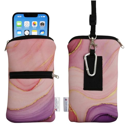 Tainada Dual Zipper Neck Cell Phone Pocket Pouch w/Belt Loop (Marble Pink) | For Men/Women; Water-resistant neoprene material, shockproof, lightweight, w/carabiner; Compatible with most of smartphones - color: Marble Pink