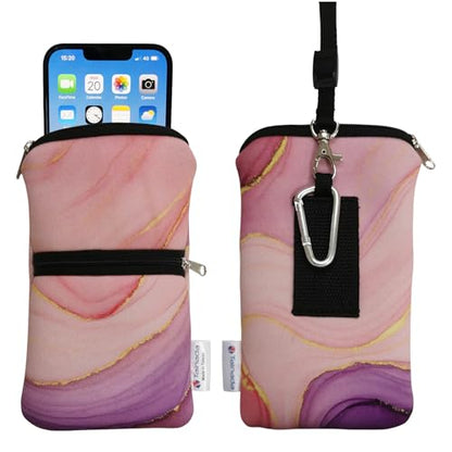 Tainada Dual Zipper Neck Cell Phone Pocket Pouch w/Belt Loop (Marble Pink) | For Men/Women; Water-resistant neoprene material, shockproof, lightweight, w/carabiner; Compatible with most of smartphones - color: Marble Pink