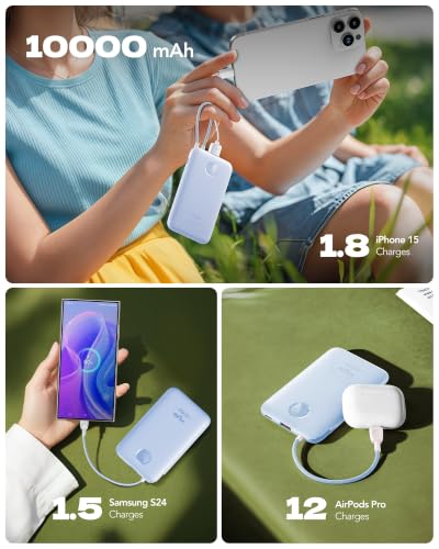 VIYISI 0.58” Slim Portable Charger Small 10000mAh with Built-in USB C Cable - color: Blue