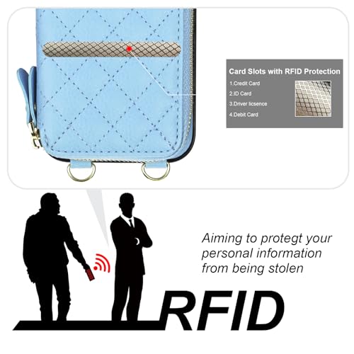 Bocasal Crossbody Wallet Case Card Holder for iPhone 15 Pro, Light Blue | RFID Blocking PU Leather Zipper Handbag Purse, Kickstand Flip Folio Case with Card Slots Holder Wrist Strap Lanyard 6.1 Inch - color: Blue