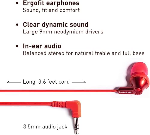 Panasonic Ergofit in-Ear Earbud Headphones Metallic Red (RP-HJE120-RA) - color: Metallic Red, size: S/M/L, style: No Mic