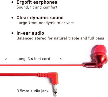 Panasonic Ergofit in-Ear Earbud Headphones Metallic Red (RP-HJE120-RA) - color: Metallic Red, size: S/M/L, style: No Mic