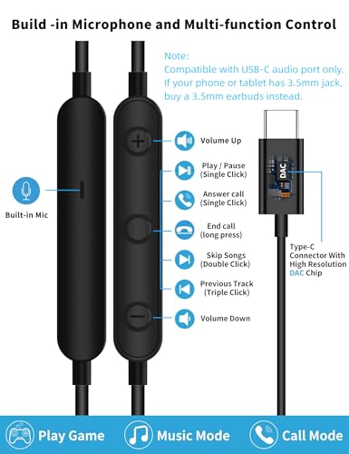USB C Headphone for Samsung S26 S25 FE S24 A16 A17 Z Wired Earbuds Magnetic - color: Black