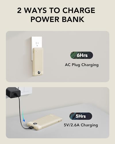 Portable Charger Built-in Cables and AC Wall Plug, USB C Power Bank 10000mAh, Travel Battery Portable Phone Charger Compact Lightweight External Battery Pack for Smart Phones, Tablets etc-Light Coffee - color: Light Coffee
