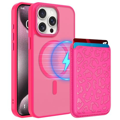 Magnetic Designed for iPhone 15 Pro Max Case 6.7" 2023, Hot Pink | [Compatible with Magsafe] [with Wallet & Card Holder] [Cute Cheetah Print] Slim Translucent Matte Phone Case - color: Hot Pink+Cheetah, size: iPhone 15 Pro Max