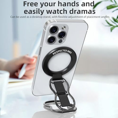 RESPECTED-BRO-Magnetic-Phone-Grip-Stand-with-Finger-Strap, 4-in-1 Magnetic Ring Holder, Kickstand and Elastic Strap for Phones, Universal Fit for iPhone 17/16/15/14/13/12, Android, and Cases (Black) - color: Black