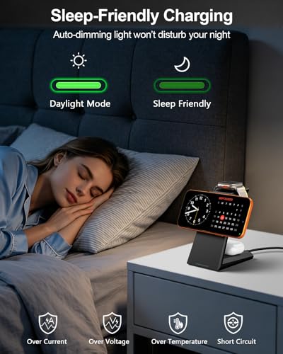 3 in 1 Magnetic Wireless Charging Station - 15W Fast Charging for iPhone 18 Pro Max/17/16/15/14/13/12, Compatible with MagSafe, for Apple Watch & AirPods, Auto-Dimming Indicator, Includes 30W Adapter - color: Black