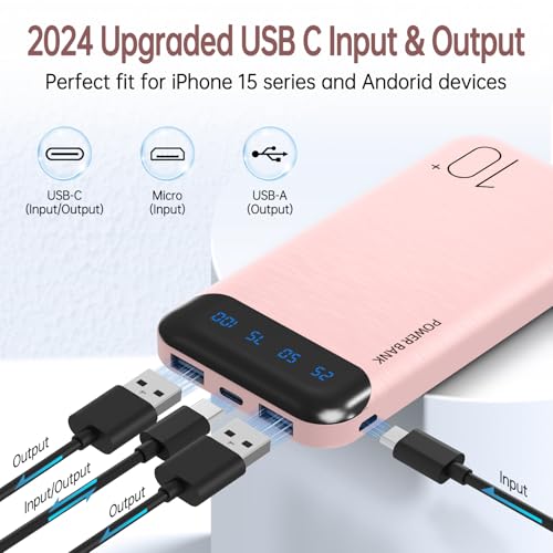 YOBON Power Bank 10000mAh Portable Charger Slim Battery Pack with 2 USB 2.4A Outputs and USB C in/Out Compatible with Huawei iPhone 16 15 14 13 12 iPad Samsung Galaxy S20 Android Tablet (Light Pink) - color: Light Pink