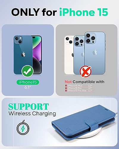 OCASE Compatible with iPhone 15 Wallet Case, PU Leather Flip Folio Case with Card Holders RFID Blocking Kickstand [Shockproof TPU Inner Shell] Phone Cover 6.1 Inch 2023, Light Blue - color: Light Blue
