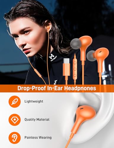 USB C Headphones for Apple/iPhone Duo 18 17 16 15 Wired Earbuds with Case - color: Orange