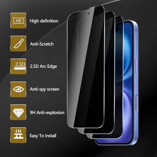 3 Pack Privacy Screen Protector for iPhone 16 / iPhone 15 / iPhone 15 Pro, Anti Spy Tempered Glass 9H Hardness, Black Protector Anti Spy, Bubble Free, Anti-Scratch - size: iPhone 16/15/15 pro FK3