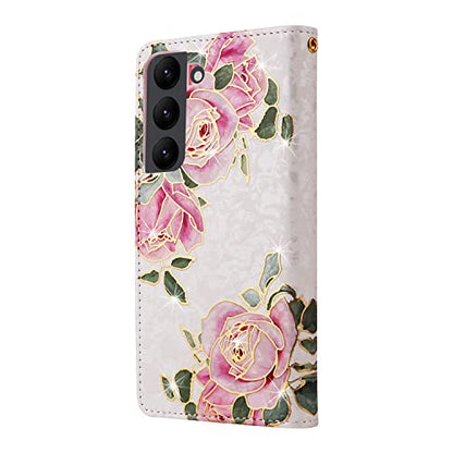 UEEBAI Wallet Case for Samsung Galaxy S23 Plus 5G, PU Leather Case Kickstand RFID Blocking Flip Case Card Slots Wrist Strap Relief Engraved Pattern Magnetic Closure Flower Folio Case, White Rose - color: White Rose, size: Samsung Galaxy S23 Plus 5G