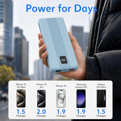 10000mAh Portable Charger with 4 Built-in Cables, 22.5W Fast Charging Power Bank, LED Display, Slim Travel Battery Pack for iPhone 17/16/15/14, Samsung Galaxy, iPad & More - color: Blue
