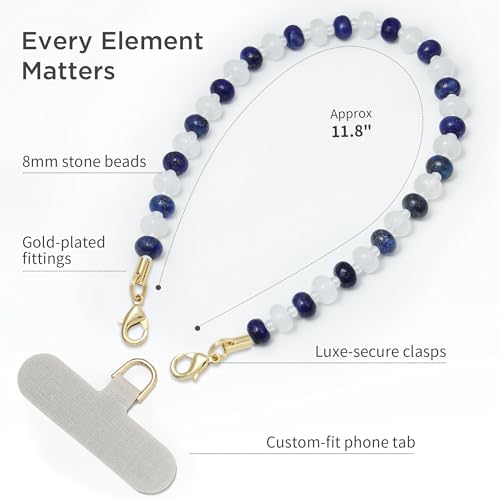 POSADINA Natural Stone Phone Charm, Beaded Healing Phone Wrist Strap, Handmade Cellphone Chain Lanyard with Tether Tab - color: Moonlit Tide