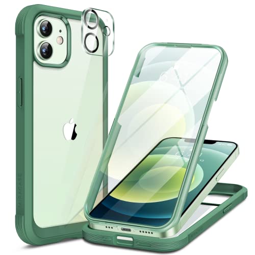 Miracase Glass Series for iPhone 12/12 Pro Case 6.1 inch, Upgraded Full-Body Rugged Phone Bumper Case Cover with Built-in 9H Tempered Glass Screen Protector and Camera Protector, Green - color: Green, size: iPhone 12/12Pro