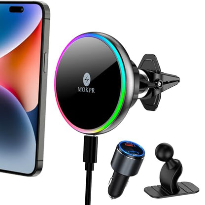 for Magsafe Car Mount Charger 15W LED RGB Car Phone Holder for Dash Vent - color: Brigh Black
