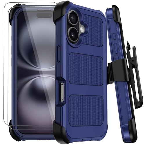 Wedall for iPhone 16 Plus Case with Belt Clip Holster,Anti-Drop Shockproof Bumper Phone Cases with 2X Screen Protectors & Kickstand,Rugged Heavy Duty Military Grade Protective Defender Cover (Blue) - color: Blue