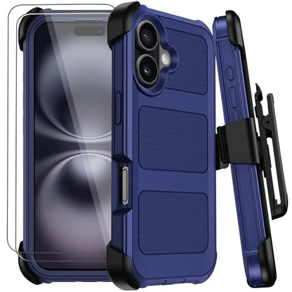 Wedall for iPhone 16 Plus Case with Belt Clip Holster,Anti-Drop Shockproof Bumper Phone Cases with 2X Screen Protectors & Kickstand,Rugged Heavy Duty Military Grade Protective Defender Cover (Blue) - color: Blue