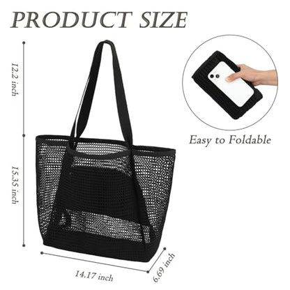 GYEUKHAM Mesh Beach Bag for Women, Sand-Resistant Pool Tote, 9 Pockets (1 Inner Zip), Foldable Family Travel Essentials - color: 2 Pockets-black