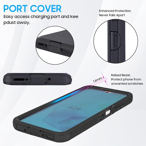 Compatible for Samsung Galaxy A26 5G, Built in Screen Protector, Belt Clip Holster Heavy Duty Defender Case Dustproof Shockproof Protection (Black) - color: Black