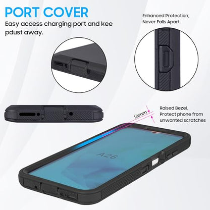 Compatible for Samsung Galaxy A26 5G, Built in Screen Protector, Belt Clip Holster Heavy Duty Defender Case Dustproof Shockproof Protection (Black) - color: Black
