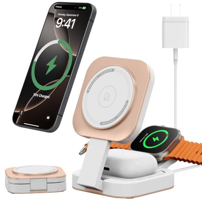 3 in 1 Mini Foldable Fast Charging Station for Apple Devices, Travel Wireless Charger Stand for Magsafe for iPhone 18 Duo 17 e Air 16 15 14 13 12 Series, Apple Watch & AirPods Series (Golden) - color: Golden