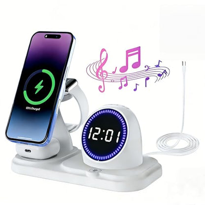 6 -in -1 Wireless Charger Charging Station : Compatibility for iPhone 17 16 15 14 Pro Max Apple Watch, Charger Stand for Apple Devices, with Wireless Speaker and Digital Clock Ambient Lights (White)