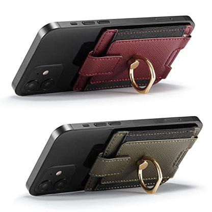 2Pcs RFID Leather Card Holder for Phone, Stick-On Wallet with Ring | Phone Wallet Stick On Back Of Phone Case. Adhesive For iPhone Wallet Holds Credit Cards/ID/Pockets. Viewing Freely Ring Stand - color: Green+WinRed