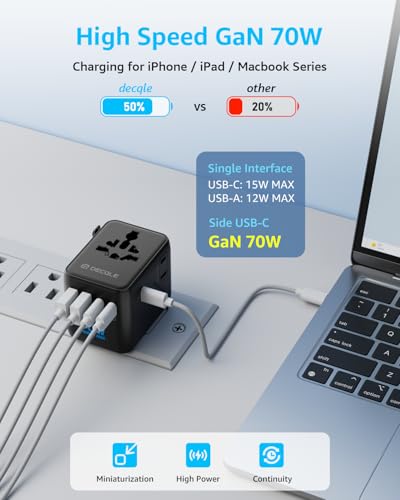 “Pro” Universal Travel Adapter 3 USB-C＆ 2 USB-A Cover 200+ Countries - color: Black, size: 3C+2A 70W