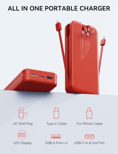 Nusyddy Portable Charger 20000mAh Fast Charging w/Built-in Wall Plug Red - color: Ruby