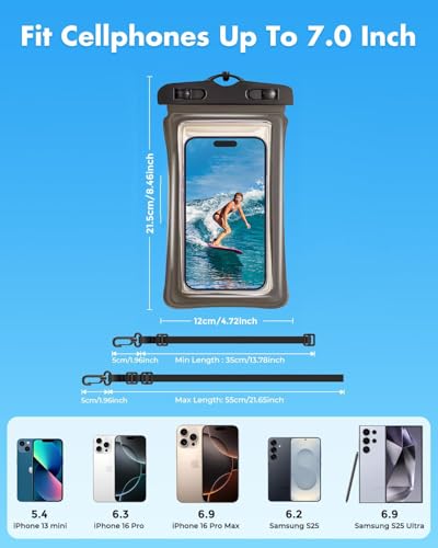 Floating Waterproof Phone Pouch 2 Pack, IPX8 Waterproof Phone Case Dry Bag Kayak/Beach/Cruise Travel Essentials, Water Proof Pouch for iPhone 17 16 15 Pro Max, Samsung S25 Ultra S24-7 Black