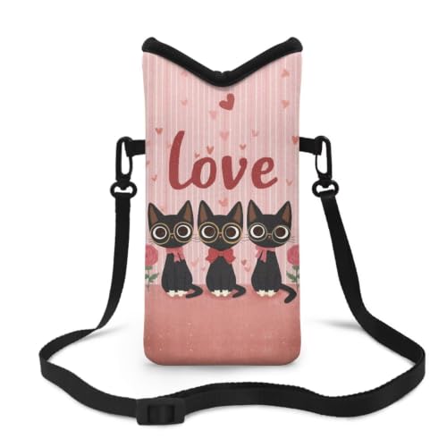 Small Phone Bag Water-Resistant Crossbody Pouch with Adjustable Strap Cellphone Case Mini Satchel Fits Most Phones for Valentine's Day, Black Cat Rose Heart-Shaped Love Print Pink - color: Black Cat Rose Heart-shaped Pink