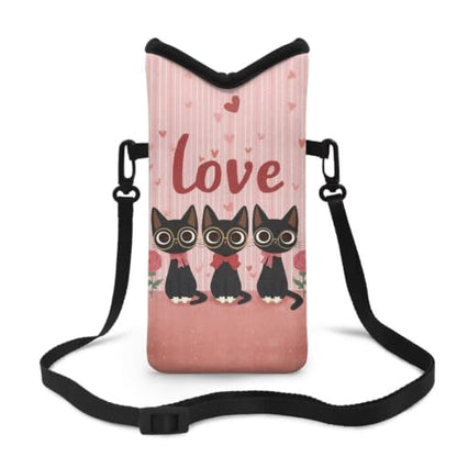 Small Phone Bag Water-Resistant Crossbody Pouch with Adjustable Strap Cellphone Case Mini Satchel Fits Most Phones for Valentine's Day, Black Cat Rose Heart-Shaped Love Print Pink - color: Black Cat Rose Heart-shaped Pink