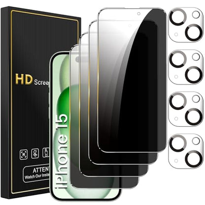 Romkasi 4 Pack Privacy Screen Protector for iPhone 15 6.1 Inch with 4 Pack Camera Lens Protector, Anti Spy Tempered Glass Film, Anti-Scratch, Touch Sensitive, Case Friendly - color: iPhone 15