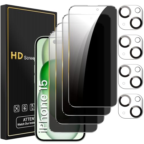 Romkasi 4 Pack Privacy Screen Protector for iPhone 15 6.1 Inch with 4 Pack Camera Lens Protector, Anti Spy Tempered Glass Film, Anti-Scratch, Touch Sensitive, Case Friendly - color: iPhone 15