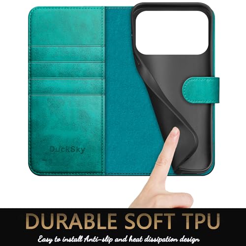 DuckSky Compatible with iPhone 17 Pro Max 6.9" Genuine Leather Wallet case【RFID Blocking】【4 Credit Card Holder】【Real Leather】 Flip Phone case Cover Women Men for Apple 17 Pro Max case Blue Green - color: Blue Green