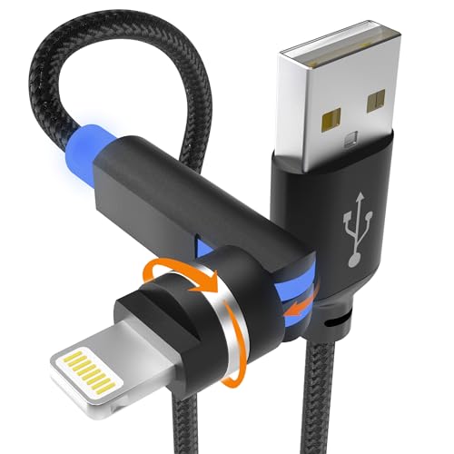 90 Degree iPhone Charger Swivel Cable with 360° Rotating Head - 6.6FT Right Angle Lightning Cable 360° Swivel Charger with MFi, 2.4A Fast Charging, Data Sync, Apple Carplay for iPhone14 13 12 11 X 8