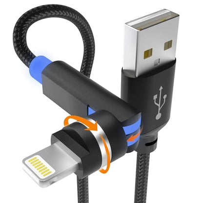 90 Degree iPhone Charger Swivel Cable with 360° Rotating Head - 6.6FT Right Angle Lightning Cable 360° Swivel Charger with MFi, 2.4A Fast Charging, Data Sync, Apple Carplay for iPhone14 13 12 11 X 8