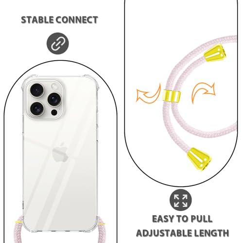 Crossbody Case for iPhone 16 Pro Max Clear Lanyard Strap Mobile Cover Women Soft TPU Bumper Protective Transparent Anti-Scratch Shockproof Phone Case for iPhone 16 Pro Max - Rose Gold - size: for iPhone 16 Pro Max