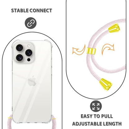 Crossbody Case for iPhone 16 Pro Max Clear Lanyard Strap Mobile Cover Women Soft TPU Bumper Protective Transparent Anti-Scratch Shockproof Phone Case for iPhone 16 Pro Max - Rose Gold - size: for iPhone 16 Pro Max